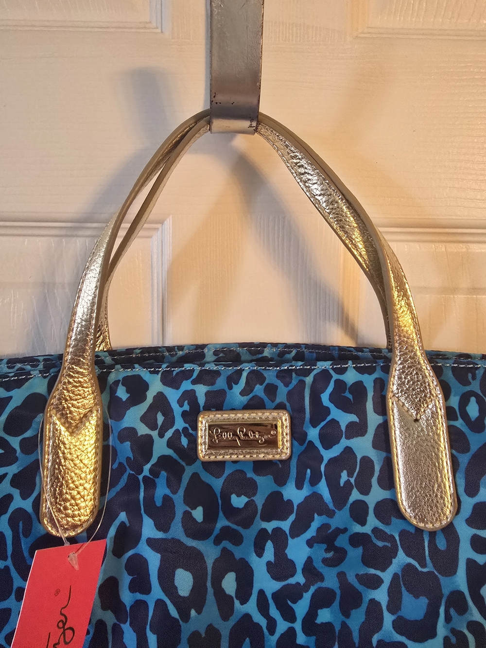 BNWT Lilly Pulitzer Blue Leopard Evita Tote With Adjustabke Strap & Gold Handles - Picture 6 of 12
